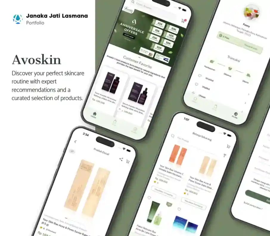 Avoskin app screens from the supplied project presentation