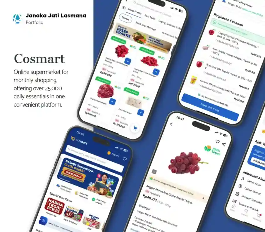 Cosmart app screens from the supplied project presentation