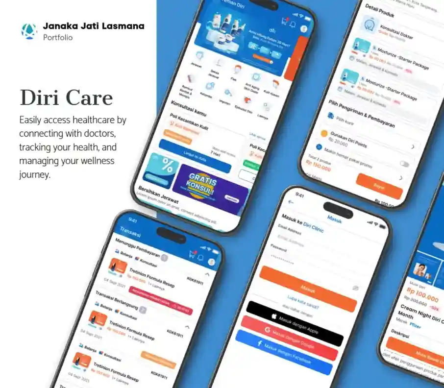 Diri Care app screens from the supplied project presentation