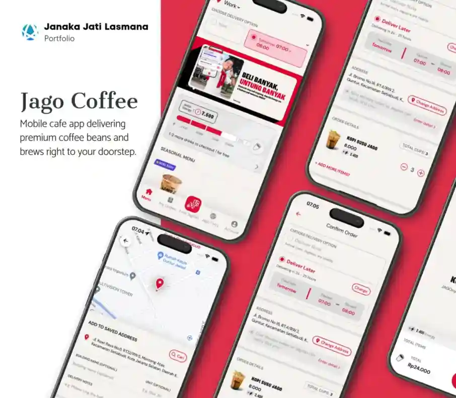 Jago Coffee app screens from the supplied project presentation