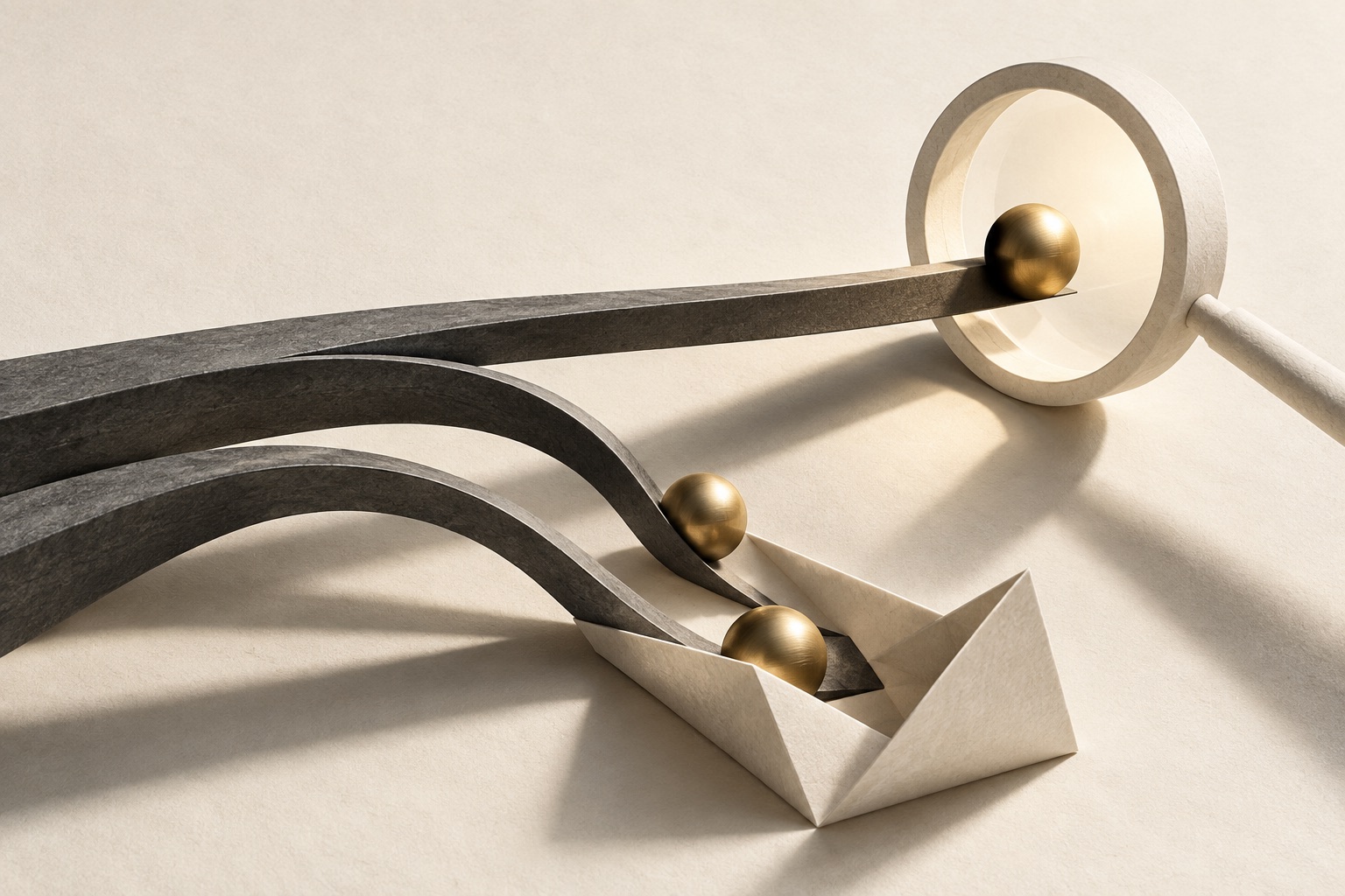 One brass sphere reaches a search lens while older paths divert into folded paper trays.