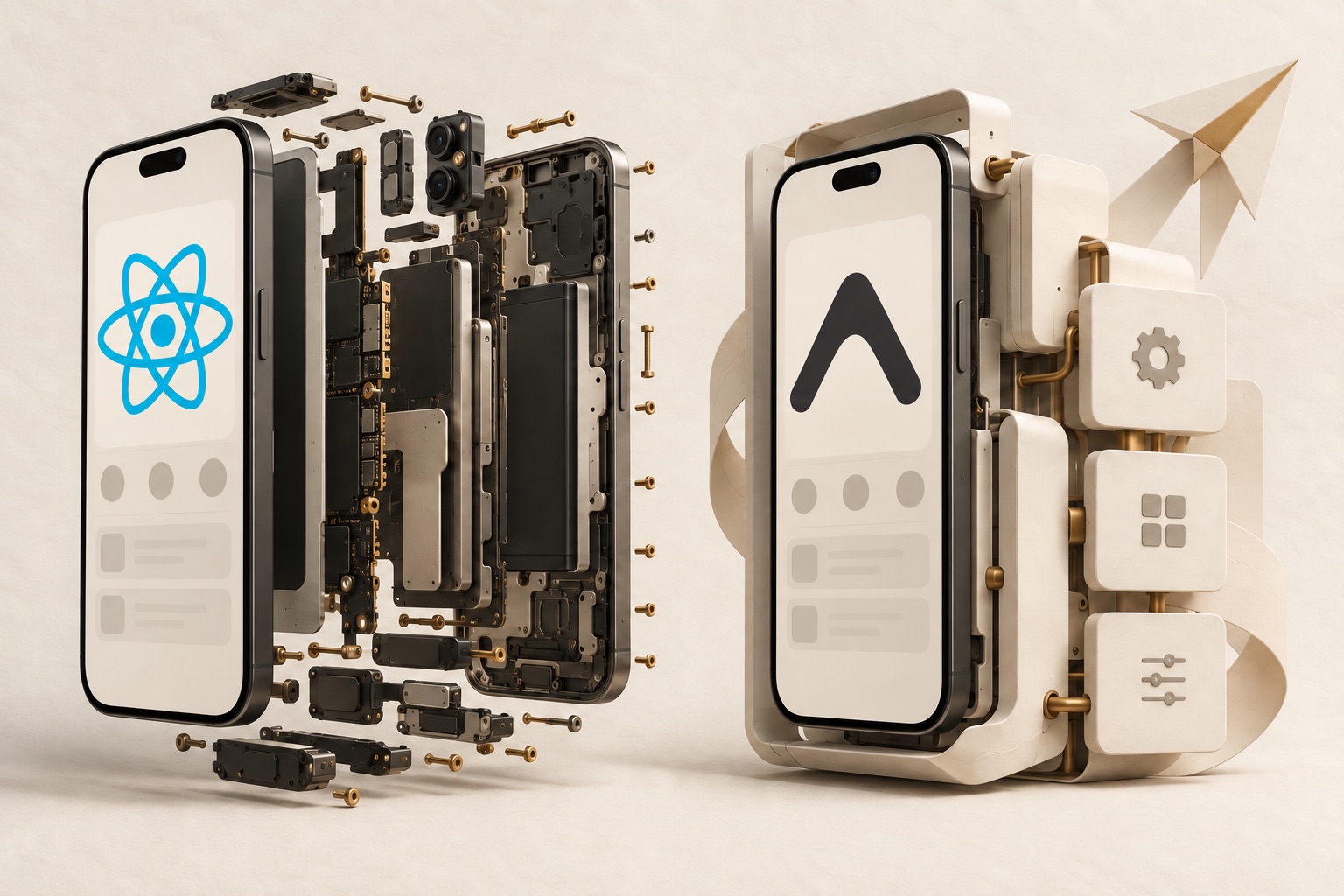 An exploded graphite phone displays the React Native atom logo beside a scaffolded phone displaying the Expo logo.