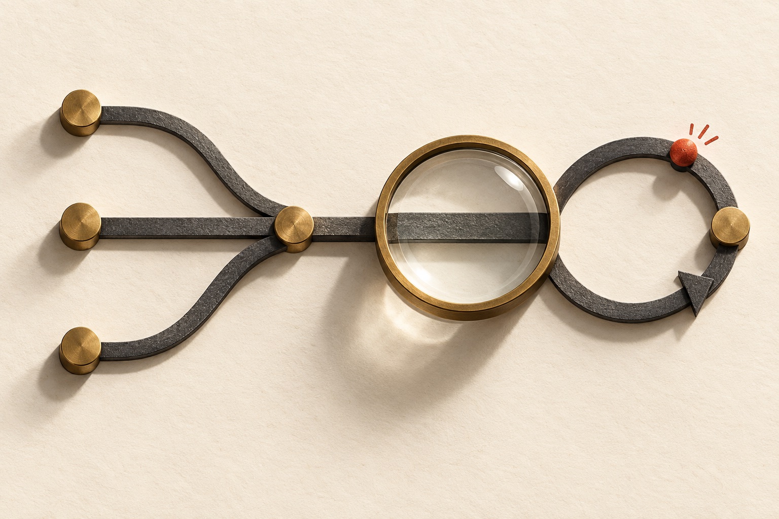 Branching commit paths pass through a brass lens toward a review loop with a marked issue.