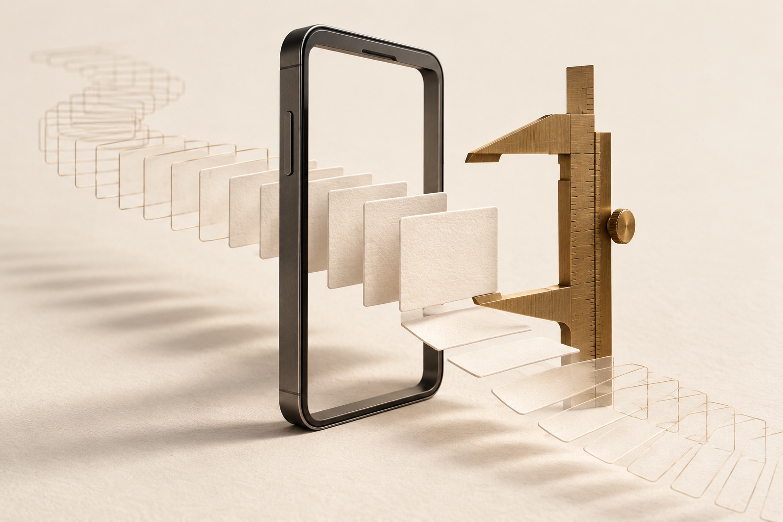Paper rows pass through a graphite phone frame beside a brass measuring caliper.